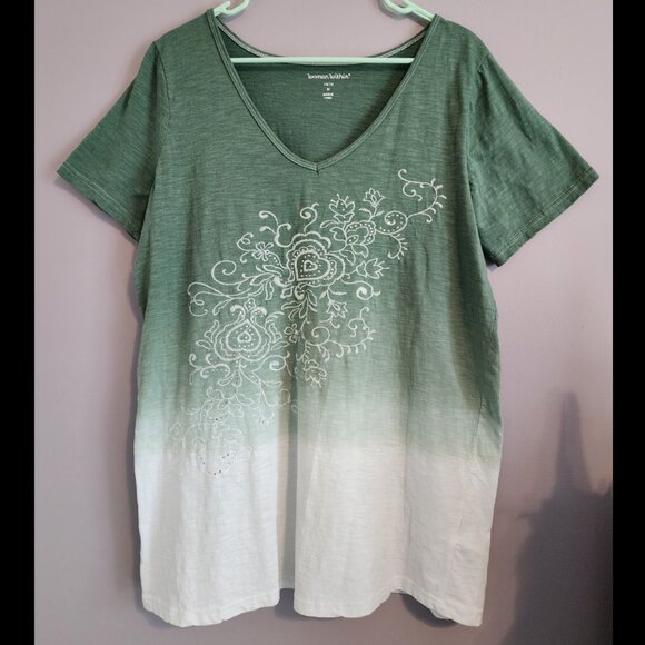 Woman Within Fading Green and White V-Neck Top Size 14/16 M - Picture 1 of 11